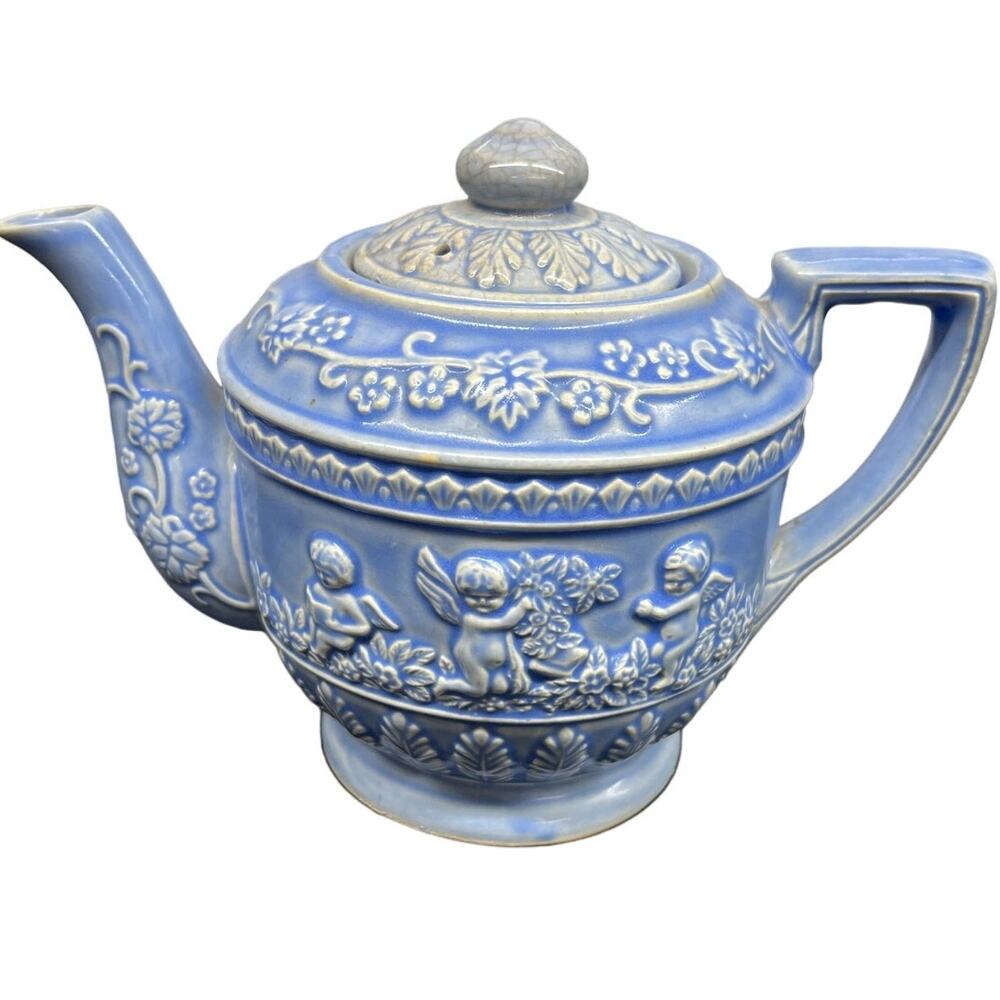 Vintage Embossed Ceramic Denim Blue Teapot Made in Japan Cherub Neoclassical